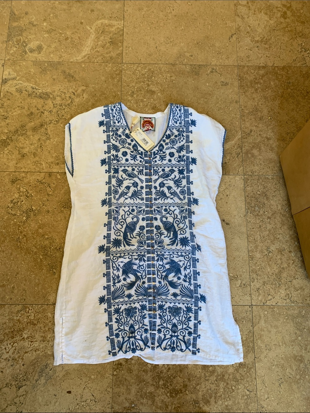 Johnny Was White Linen Midi Dress with Blue Embroidery